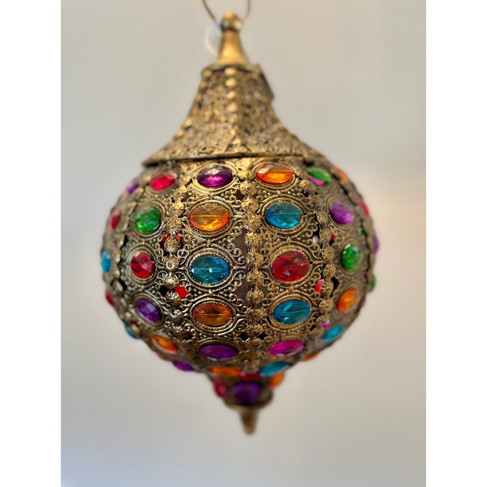 Pier 1 Imports NWT Moroccan Jeweled Hanging Lantern Candle Holder Brass Filigree